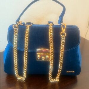 Dewimaya NWOT velvety royal blue handbag/crossbody w/gold chain strap & hardware